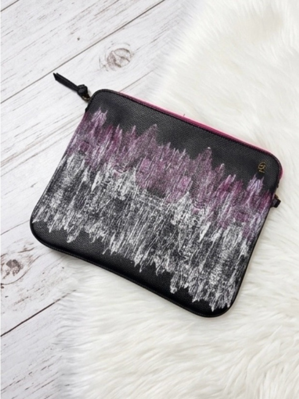 Elliott Lucca Black Cosmetic Pouch with Pink Purple and White Brushstroke Print